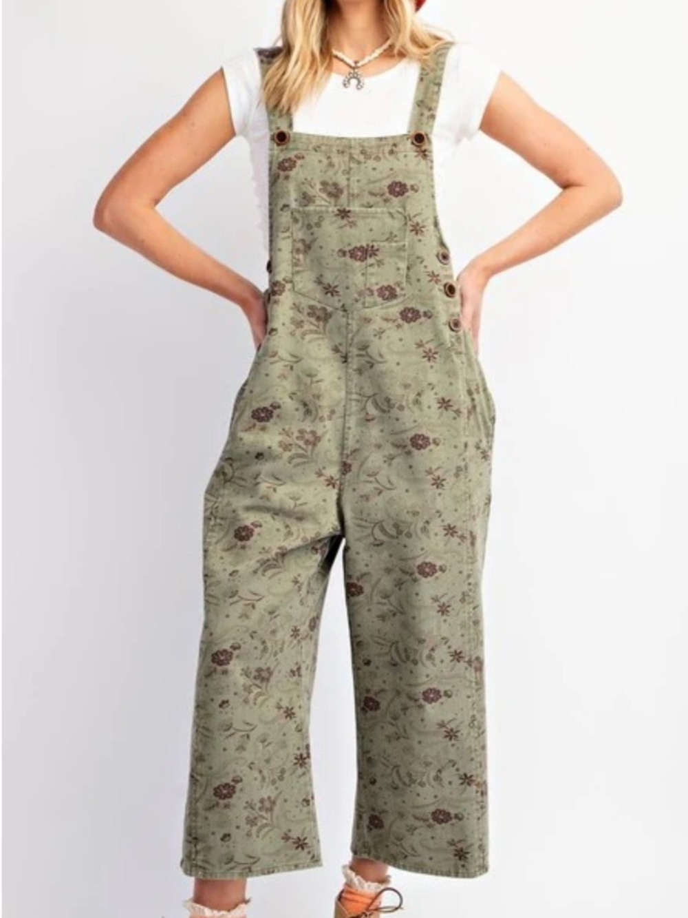 easel Olive Green Floral Women's Overalls Jeans